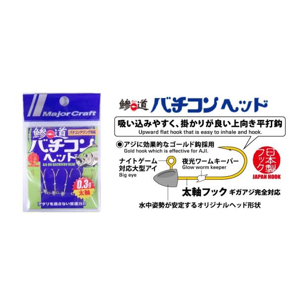 メーカー：メジャークラフト商品名：鯵道 バチコンヘッド5本入りバチコンアジング対応ヘッドアタリを逃さない貫通力！フックサイズ：L（金）