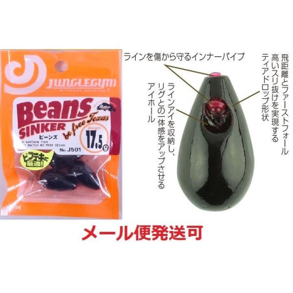 メーカー：ジャングルジム商品名：ビーンズ使い方はアングラー次第ビーフリーテキサス、通称‘ビフテキ’専用シンカー。テキサスリグとシンカー直付けリグ、2つの長所を併せ持つビフテキシンカー。リングロッカー、ムーブストッパーとコンビで使えばビフテキ...