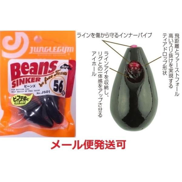メーカー：ジャングルジム商品名：ビーンズ使い方はアングラー次第ビーフリーテキサス、通称‘ビフテキ’専用シンカー。テキサスリグとシンカー直付けリグ、2つの長所を併せ持つビフテキシンカー。リングロッカー、ムーブストッパーとコンビで使えばビフテキ...