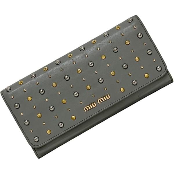 ミュウミュウ 二つ折り 長財布 グレー NUBE 5M1109 財布 レザー スタッズ 中古 194 miu miu ホック 灰色 ロゴ金具 小銭入れ有 シンプル レディース 女性 定番 人気 シンプル ゴールド金具 小銭入れ有 ミュウミュウ 二つ折り 長財布 グレー NUBE 5M1109 財布 レザー