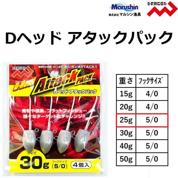 メーカー ：マルシン/ドラゴン 商品名 ：Dヘッド アタックパック 25g種類 ： ジグヘッド 主な用途：青物・シーバス・ロックフィッシュフックサイズ：4/0,5/0重さ:15,20,25,30,40,50g入数 : 4個入り送料サイズ：小...