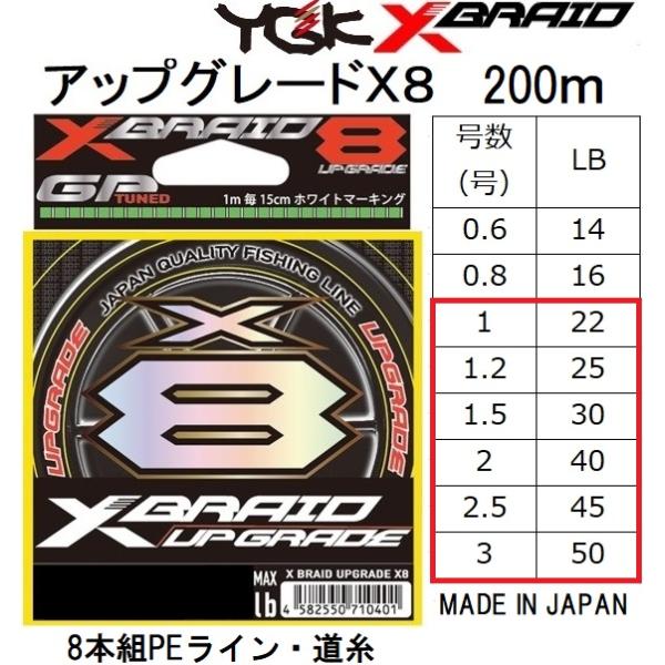 YGK・よつあみ XBRAID アップグレードX8 200m 1,1.2,1.5,2,2.5,3号 22,25,30,40,45,50Lbs 8本組PEライン・道糸エックスエイトUPGRADEエックスブレイド