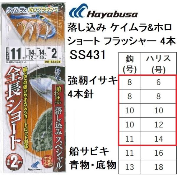 ハヤブサ/Hayabusa 落し込みスペシャル ケイムラ&amp;ホロ ショート フラッシャー 4本 SS431 8-6,8-8,10-10,10-12,11-14号強靭イサキ4本針 青物・底物用船サビキ