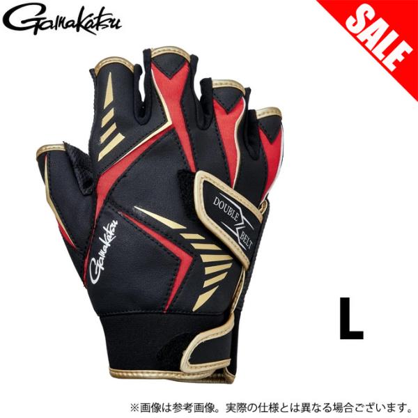 【ダブルベルトフィッシンググローブ(5本切) GM7294】カラー：ブラック×ゴールド素材：〈甲〉合成皮革(ポリウレタン65%　ナイロン35%)　ニット(ナイロン80%　ポリウレタン20%)　　　〈掌〉合成皮革(ナイロン57%　ポリウレタン...