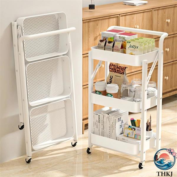 【組立不要＆折り畳み式】キッチンワゴンは完成品でお届け！面倒な組み立て作業が一切不要、キャスターとハンドルを簡単に付ければ、すぐに使用できます。使用しない時は折り畳み式設計で厚さわずか8cmにコンパクト収納。キッチンの隙間や狭いスペースにも...