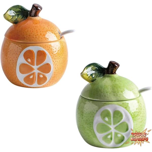 調味料ボトル 陶器製 匙付き 2点セット 果物の形 調味料ボックス 調味料入れ 調味料置き 保存容器 台所用品 キッチン収納 和風 人気 可愛い