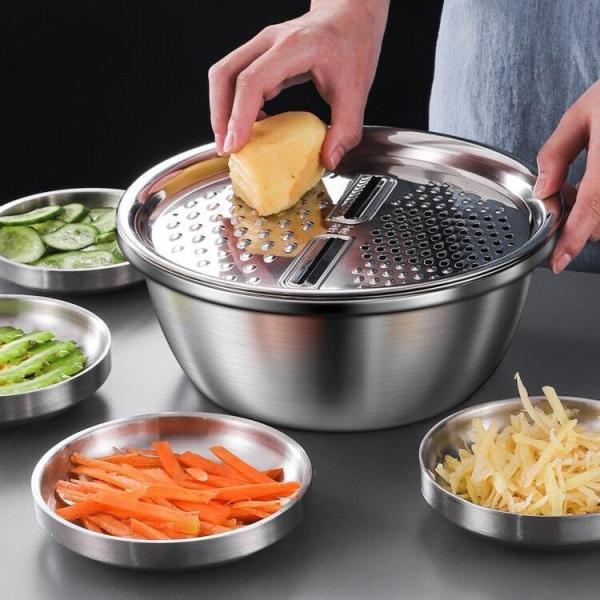 3点セット ステンレスボウル 野菜カッター 4-in-1スライサー＆おろし金 千切り 水切り スライサー 米とぎ 多機能 調理器具セット 野菜 果物洗