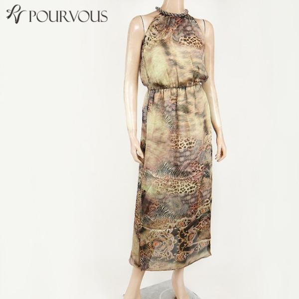 ワンピース ドレス パーティ リゾートワンピース 夏 プールヴー  PourVous 豹柄  ノースリーブ マキシドレス
