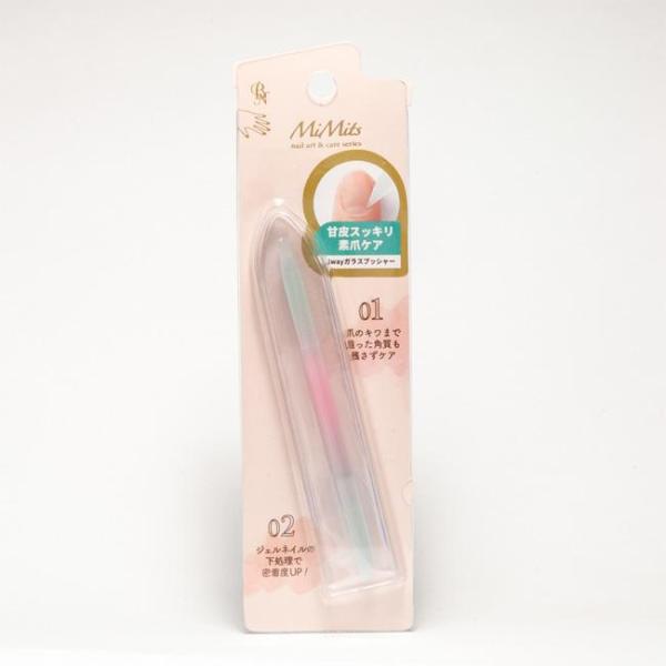 MiMits 2weyガラスプッシャー 今までにない、新感覚のガラス製甘皮プッシャーが登場！両端にきめ細かいヤスリのような加工が施されており、甘皮や甘皮周りの薄皮(ルースキューティクル)をしっかりキャッチして繊細な使い心地。全身ガラス製なの...