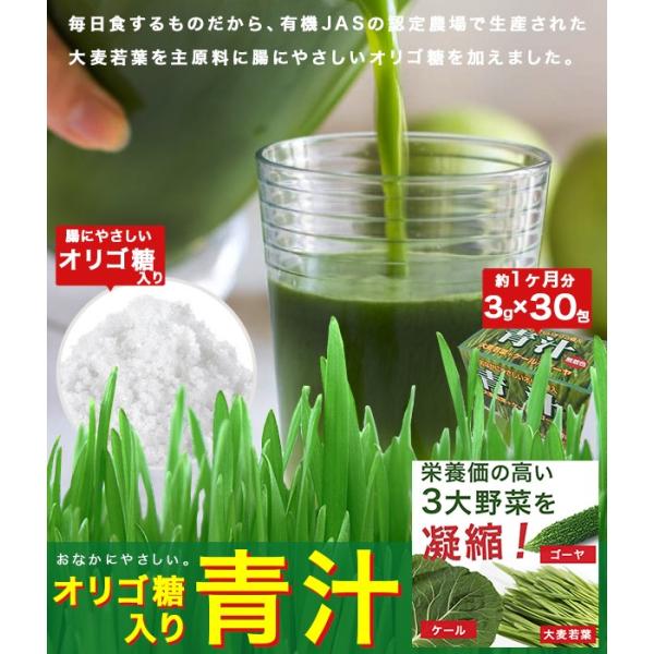 特徴 大麦は春の光を浴びる時期になると、一斉に葉を伸ばし、畑一面若葉で覆い尽くします。     本品は大麦若葉を原材料にした粉末青汁に、腸にやさしいオリゴ糖を加えました。野菜が苦手な方や、お子様でもおいしくお召し上がりいただけるようにしまし...