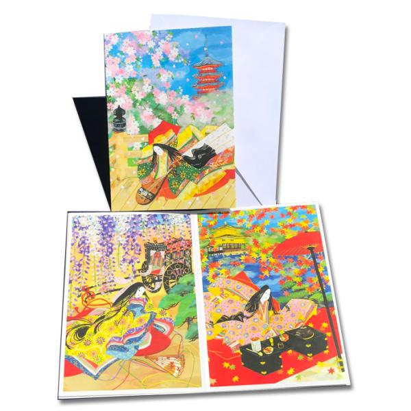 送料無料 グリーティングカード ポストカード 絵葉書 和風 王朝 姫 メッセージカード【FPG-02】桜 紅葉 藤 金閣 春 秋 貼り絵風  福井朝日堂 京都