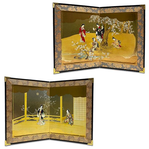 4枚屏風 春夏秋冬 希少 美品 コレクション 装飾品 工芸品美術品 置物 屏風 桜 梅 美人画 2月 3月 4月 春 冬 人形 風俗画 送料無料 二曲