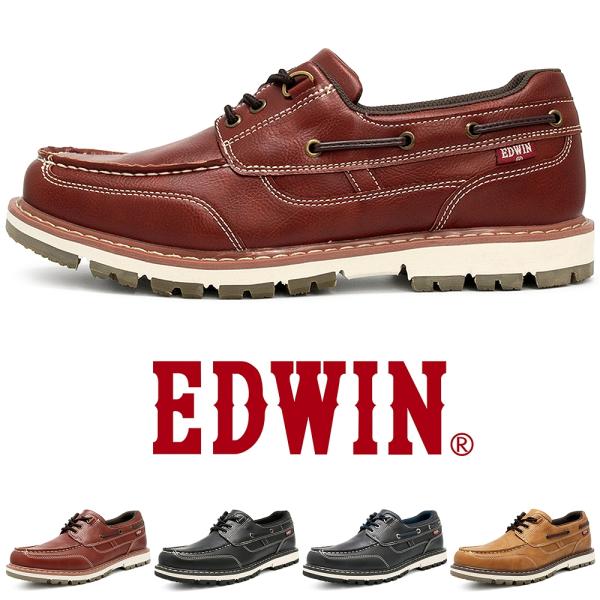 靴 メンズ カジュアルシューズ 防水 革靴 スニーカー デッキシューズ メンズ 3E 耐滑 防滑Wソール おしゃれ 紐靴 紳士靴 EDWIN エドウィン EDM4106｜正規販売店