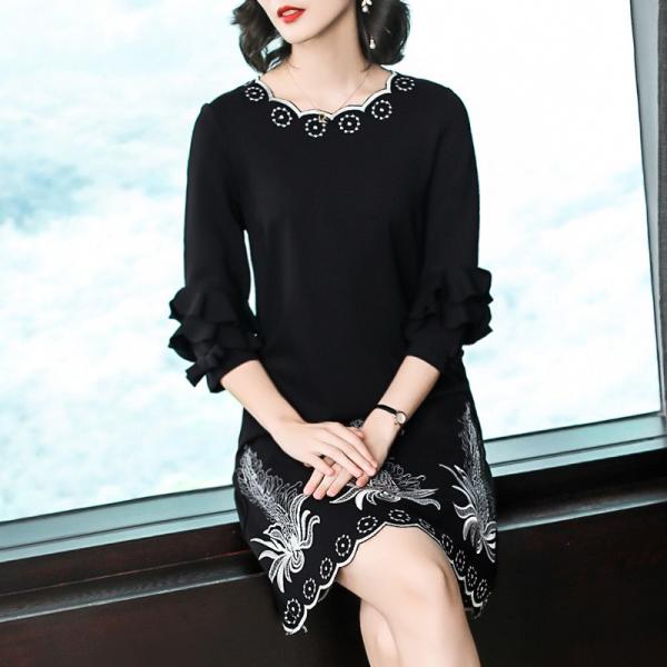 ワンピースドレス レディース 40代 秋冬 きれいめ 膝丈ワンピース 七分袖 刺繍ワンピース フレア パーティードレス 黒 通勤 着痩せ お出かけ Y Fairyhouse 通販 Yahoo ショッピング