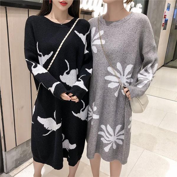 ニットワンピース レディース 秋冬 きれいめ ニットワンピース 膝丈 長袖 花柄 チュニック フレアワンピース セーター 大人可愛い 着痩せ 3色 Y Fairyhouse 通販 Yahoo ショッピング
