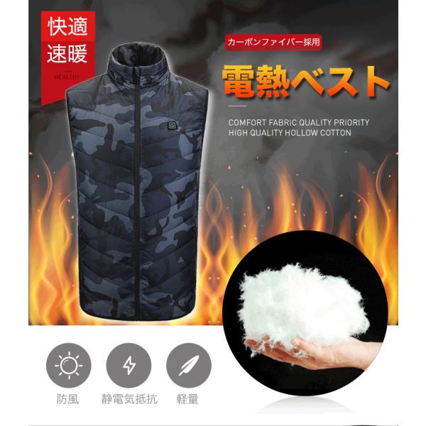 USB給電式の電気加熱ベスト。３段階の温度設定が可能。モバイルバッテリーを使うことで加熱して、繰り返し使用できます。軽量スリムで動きやすい。材質はポリエステル繊維。裏地はポリエステル繊維と綿混紡。屋外・屋内のどちらでも使えますが、特に真冬の...