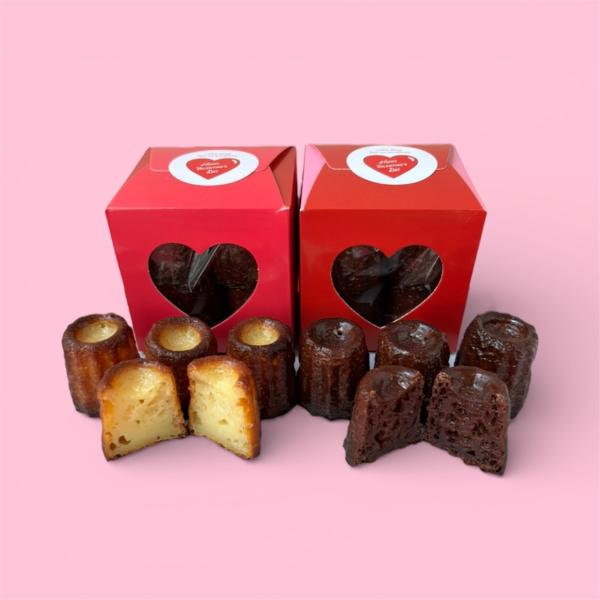 バレンタイン限定プレーンカヌレ4個とプレミアムチョコカヌレの4個入りのセットですプレミアムチョコカヌレはベルギー産のチョコレートを使用したバレンタイン限定のお味です名称　カヌレ原材料名　牛乳　砂糖　小麦粉　卵　バター、ココアパウダー、チョコ...