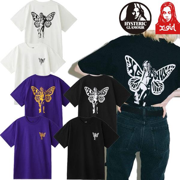 エックスガール X-girl × HYSTERIC GLAMOUR BUTTERFLY S/S TEE ヒステリックグラマー コラボ Ｔシャツ  バタフライ 女の人 ブランド レディース