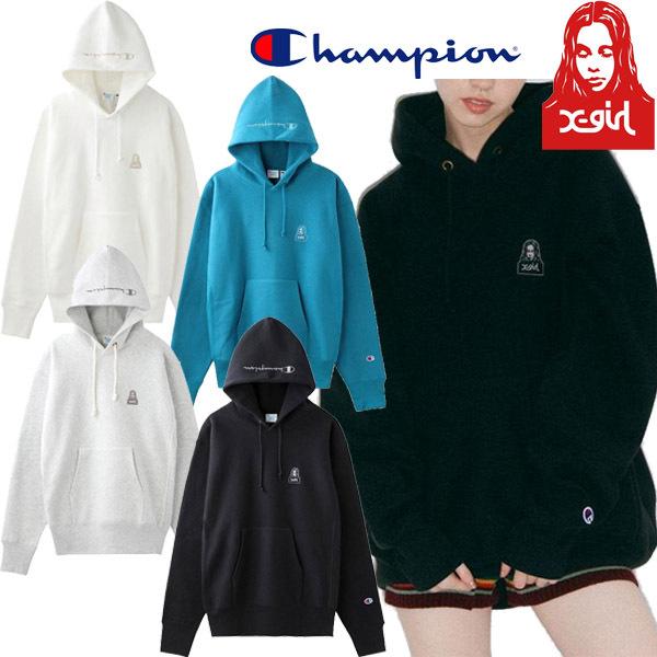 エックスガール X-GIRL × Champion FACE REVERSE WEAVE SWEAT HOODIE チャンピオン コラボ スウェット  パーカー フェイス ブランド レディース