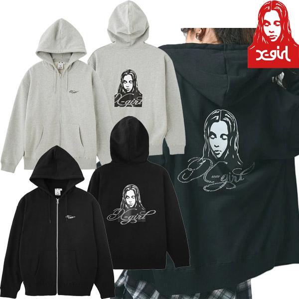 X-girl BURRTONコラボ　パーカー　2 X-girl（エックスガール） RHINESTONE LOGO AND FACE ジップパーカー
