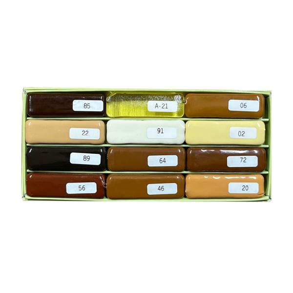 瞬間硬化型(5~10秒)のスティック充填材！電熱コテを使用してキズ口に充填します。クレヨンタイプに比べ耐久、耐熱性に優れています。シェラックつや有り同士での混色が可能です。■セット内容シェラックつや有り12本（シェラック色番：85、A-21...