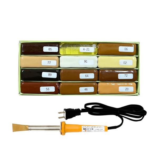 瞬間硬化型(5~10秒)のスティック充填材！電熱コテを使用してキズ口に充填します。クレヨンタイプに比べ耐久、耐熱性に優れています。シェラックつや有り同士での混色が可能です。■セット内容シェラックつや有り12本、電熱コテH型（シェラック色番：...