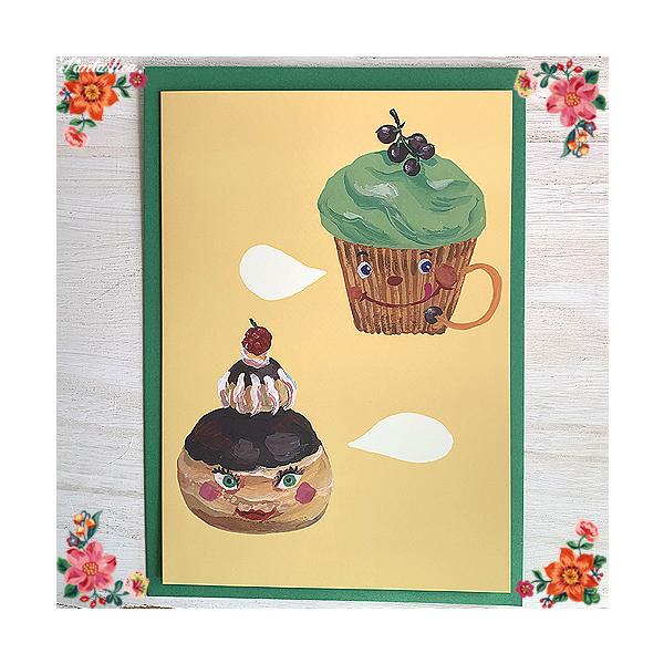 【クリックポスト発送可】<ご注文点数が多い場合は宅配便に変更となります>グリーティングカードとして最適な、ナタリー・レテの大判カードが入荷しました！こちらはベリーを頭に乗せたカップケーキさんとピュイダムールさんがポーズを決める、...