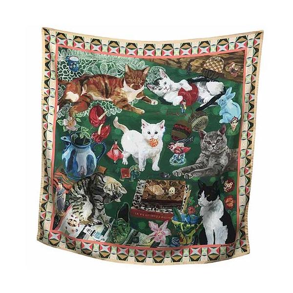 【大判スカーフ・美品】ナタリーレテ　シルク　絹　ネコ　イタリア製 大判スカーフ・美品】ナタリーレテ シルク 絹 ネコ イタリア製