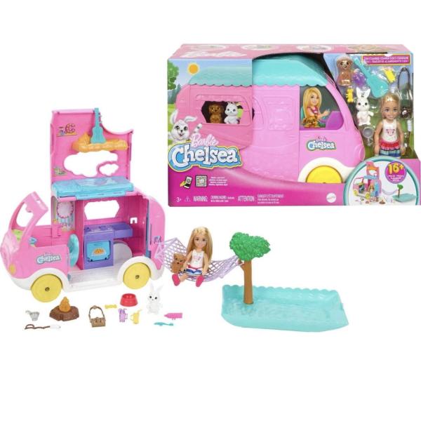 バービー チェルシー ドール付き キャンピングカー トランスフォーム プレイセット Barbie Chelsea 2-in-1 Camper Playset 2 Pets &amp; Accessories
