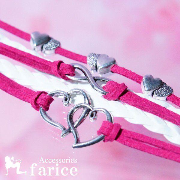 編み込みホワイトレザー＆かわいいハートパーツアレンジピンクレザー