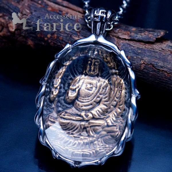 ステンレス ペンダント ネックレス 大仏 まんじ 卍 蓮 ブラス ガラス