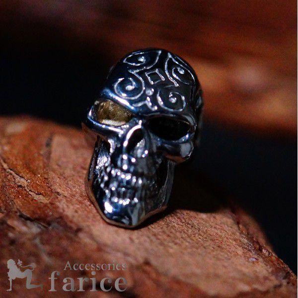 トライバルタトゥーヘッド ブラックロジウムスカルシルバーペンダント