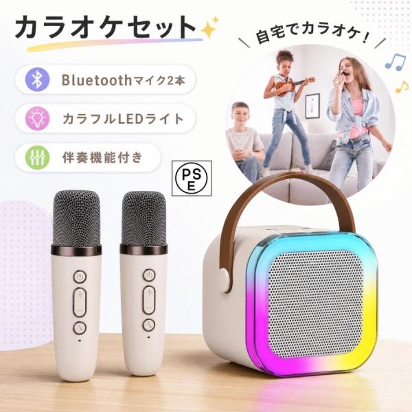 Bluetooth ミニ カラオケ スピーカー マイク 2本付き 家庭用 マイクスピーカー ワイヤレス マイク 無線マイク LEDスピーカー 自宅 歌 練習 一人カラオケ