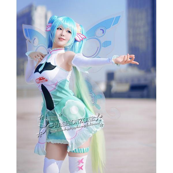 翼を 初音ミク レーシングミク ウィッグ ウィッグ Miku ワンピース コスチューム キャラクター衣装 変装 コスプレ衣装 Cosplay 仮装 コスプレ衣装 Vocaloid Cos234 Fashion Zone