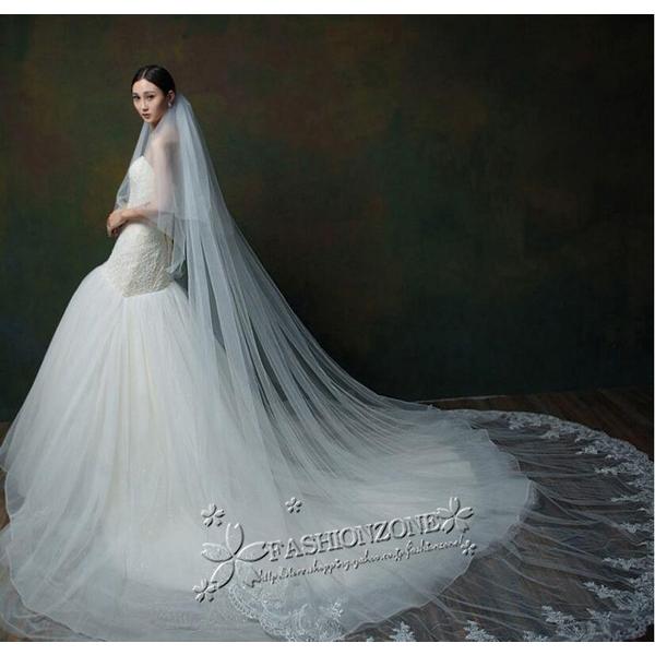 レース装飾 ホワイトウェディングベール　コーム付き　350cm 3m50cm ロングベール 350cmレース 結婚式用ベール コーム付き