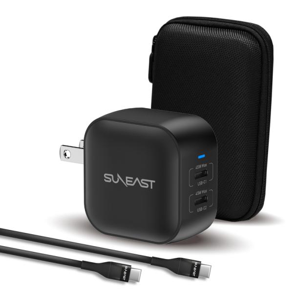 SUNEAST 48W 急速充電器 USB Type-C ×2 2台同時充電対応 ACアダプター スマホ 充電器 iphone タブレット ポーチ+USBC to Cケーブル付属 黒 PD3.0対応 1年保証