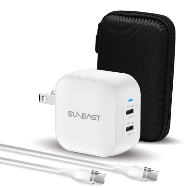 SUNEAST 48W 急速 充電器 USB Type-C ×2 2台同時充電対応 ACアダプター スマホ 充電器 iphone タブレット ポーチ+USBC to Cケーブル付属 白 PD3.0対応 1年保証