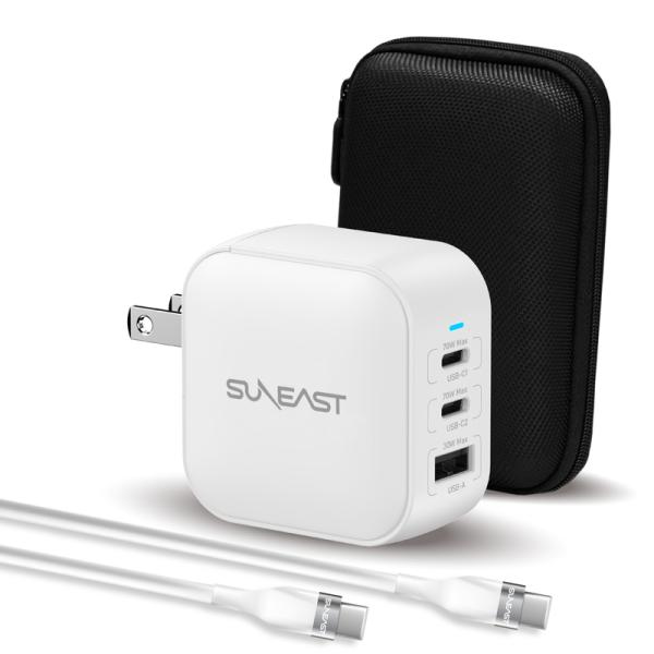 SUNEAST 70W 急速充電器 USB Type-C ×2 Type-A ×1 3台同時充電 ACアダプター スマホ 充電器 iphone タブレット ノートPC ポーチ+USBC to Cケーブル 白 PD3.0