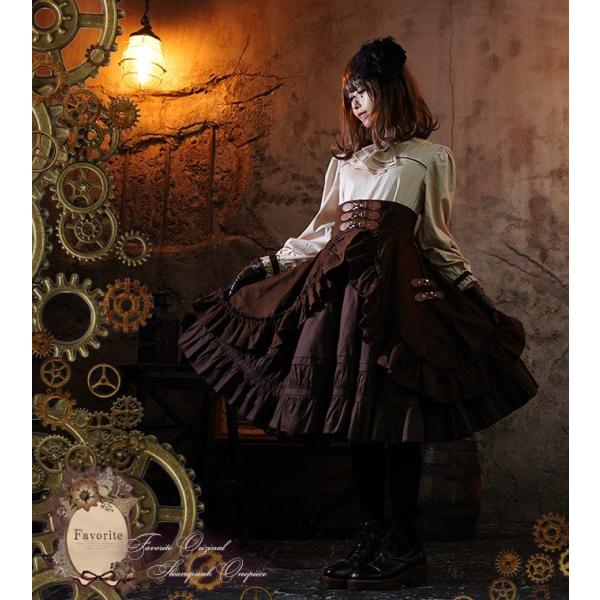 人気商品 Ll 大きいサイズ スチームパンク 長袖 Favoriteオリジナル ブラウスドッキング 贅沢レイヤードスカートのスチームパンク風 ワンピース 19年8月新作下旬 アンティーク ベルト フリル 歯車 ワンピース
