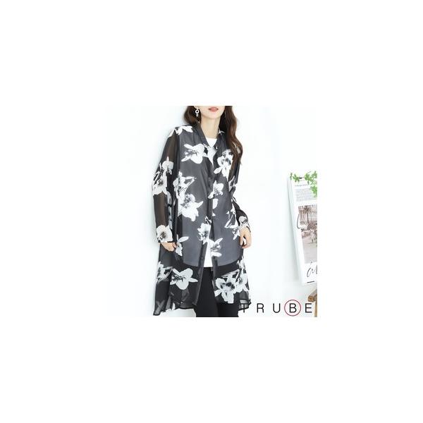 シフォン大花柄シアーロングシャツブラウス 羽織 重ね着 透ける かっこいい クール カジュアル フラワー ブラック 白い花 L〜LL トップス レディース 送料無料