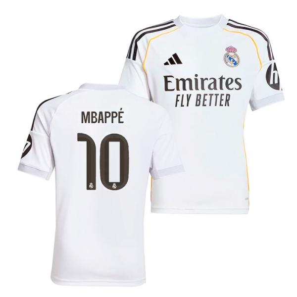レアル・マドリード 2025-26 シーズン ホーム ユニフォーム ジュニアサイズ。フランス代表 キリアン・エムバペのカップ戦用オフィシャルネーム＆ナンバー付き(ジュニアサイズ)付き。■商品仕様・レプリカユニフォーム(9,350円[税込])...