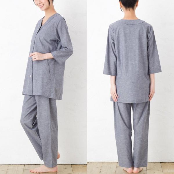 パジャマ屋 綿麻 リネン 混 ストレッチ ダンガリー パジャマ 夏用 七分袖 前開き レディース 訳あり