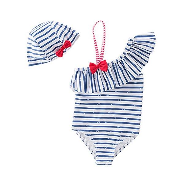 Sunyam ベビー水着 女の子 ラッシュガードワンピース スイムウェア ストライプビキニ キャップ付き 2点セット 赤ちゃん 夏 1 6歳 Pymr Go Th