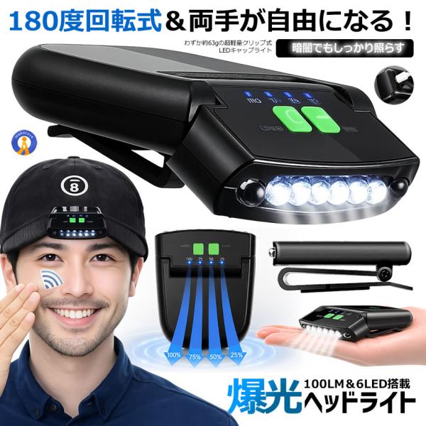ヘッドライト LED 帽子につける キャップライト 角度調整可能 懐中電灯 USB充電 電池残量表示 クリップ付き 帽子 ヘルメット アウトドア ウォーキング KURIP