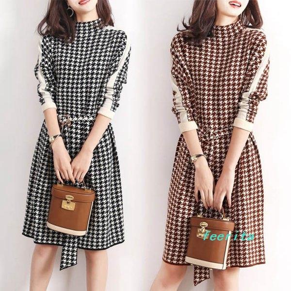 ニットワンピースレディース千鳥柄30代40代秋冬長袖ニットワンピースハイネックニットワンピースオシャレ膝丈ワンピースニット大人上品 Feeb フェリータ 通販 Yahoo ショッピング