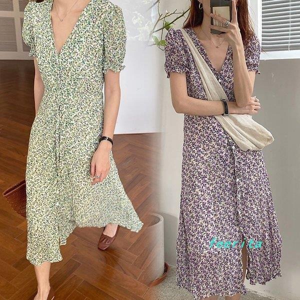 ワンピースレディースきれいめ40代半袖ｖネックロングワンピース膝丈花柄緑紫代30代韓国風同窓会結婚式 Feea9fee2 フェリータ 通販 Yahoo ショッピング