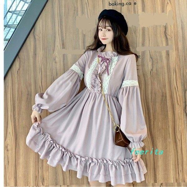 秋新作レディース少女レースワンピース長袖フリル襟蝶結び付き膝丈スカート袖フリルロリータ風夢かわいいaライン体型カバー着痩せ通学可愛い Fee124c10f61a1 フェリータ 通販 Yahoo ショッピング