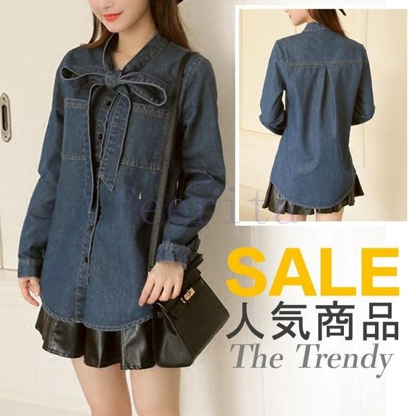 ボウタイ付き デニムシャツ 長袖 リボン デニム シャツ ブラウス リボンタイ付き 長袖ブラウス 長袖シャツ Ol風 通勤 レディース Feeri Ftidddqaa0290 フェリータ 通販 Yahoo ショッピング