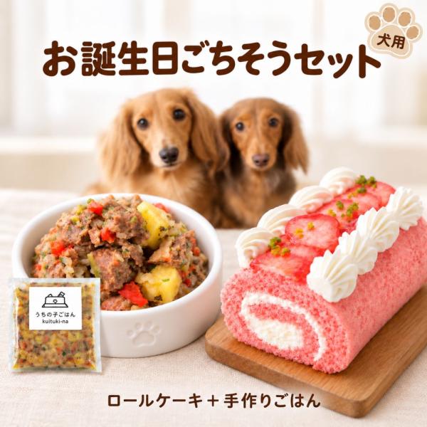 わんちゃんお誕生日ごちそうセット ミニロールケーキ（苺）と 無添加 手作り 犬用ごはん 鹿肉のラグー（煮込み）のセット 送料無料(※一部地域除く)
