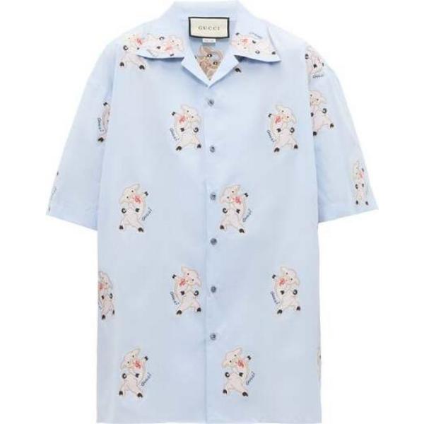 本店は大感謝祭セール グッチ Gucci メンズ 半袖シャツ トップス Pig Embroidered Cotton Poplin Shirt Cotton Poplin Blue グッチ Shirt Hb 1282513 フェルマート Fermart 2号店人気沸騰セール
